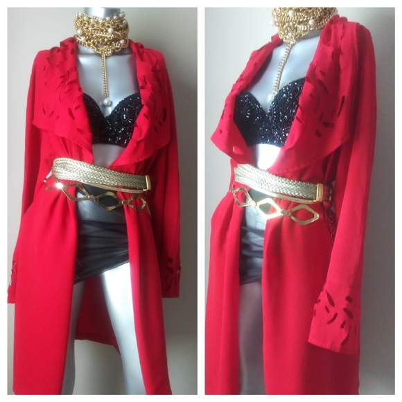 "RED HOT" Sophisticated Vintage Oversized Lag&Look Eyelet CutOut Open Kimono - Picture 6 of 12
